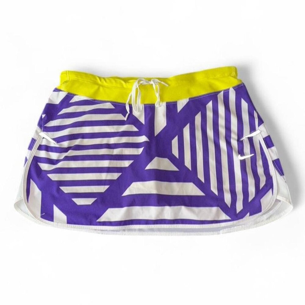 Nike Dri-Fit Purple White & Yellow Geometric Stripe Print Tennis Skirt Sz Small
